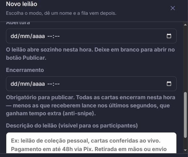 Modal 'Novo leilão' no modo Fixo, com os campos Abertura (opcional) e Encerramento (obrigatório) e a explicação de que lances nos últimos segundos ganham tempo extra