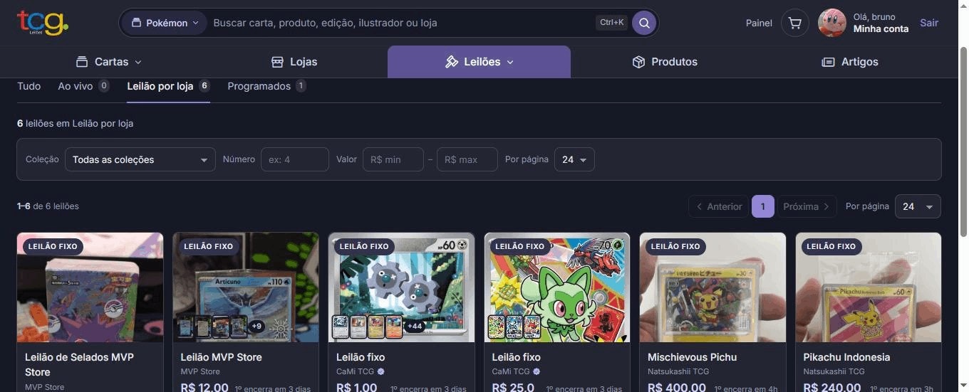 Página Leilões com as abas Tudo, Ao vivo, Leilão por loja e Programados, filtros por coleção e valor, e cartões de leilões fixos com faixa de preço, lotes abertos e total de lances