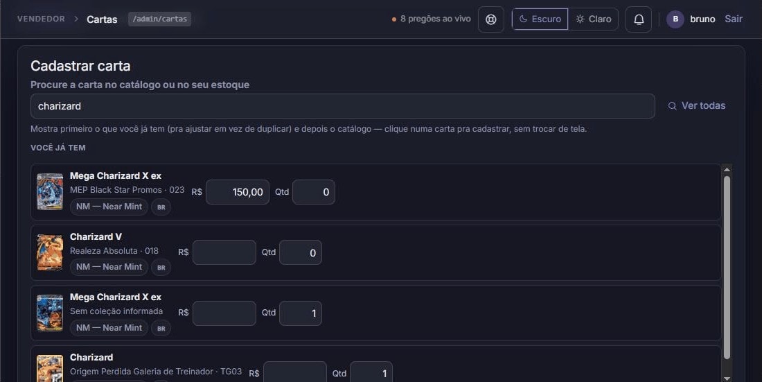 Busca do painel mostrando as duas listas: cartas que você já tem e cartas do catálogo para cadastrar