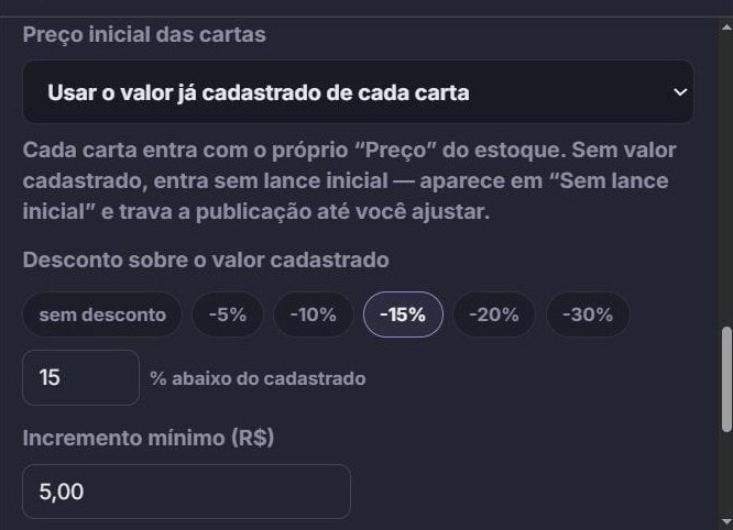 Modal 'Adicionar cartas ao leilão' com a opção 'Usar o valor já cadastrado de cada carta' e os chips de desconto -5% a -30%