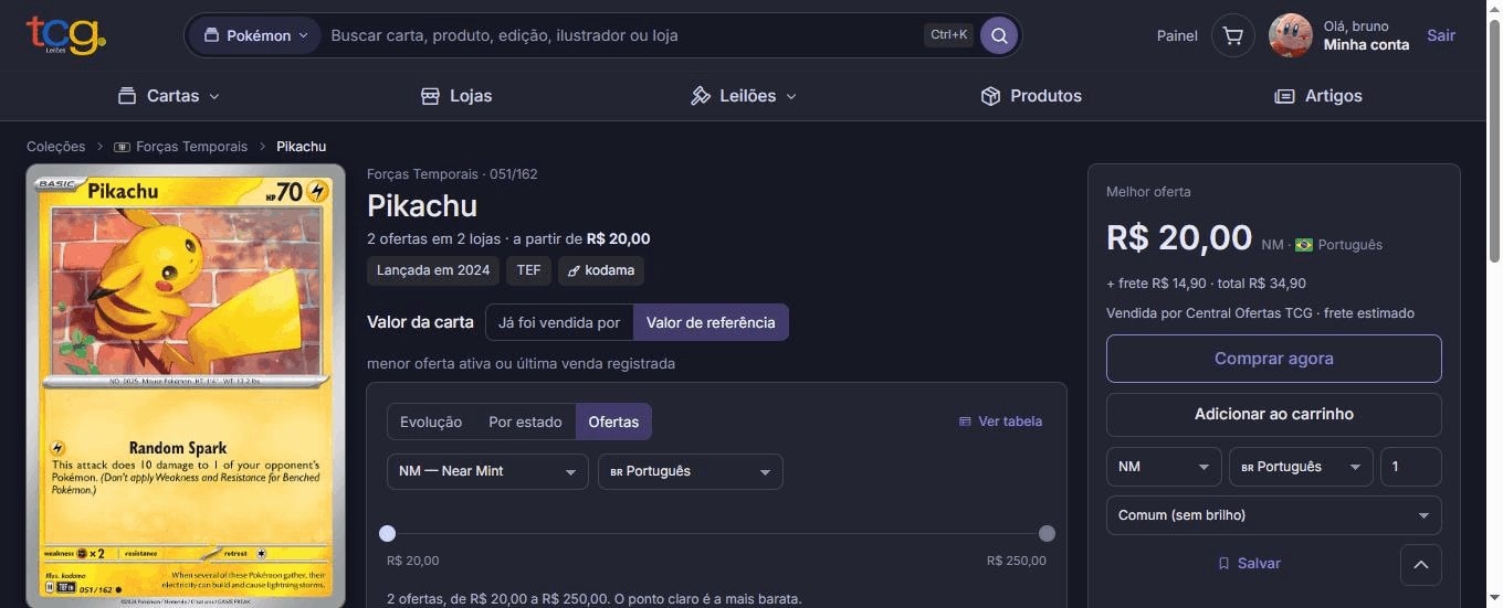Ficha pública de um Pikachu com a melhor oferta em destaque, as abas 'Já foi vendida por' e 'Valor de referência' e a lista de todas as ofertas