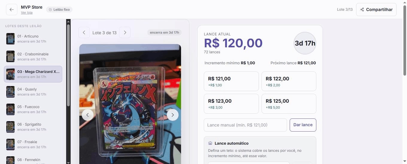 Página de um lote em leilão fixo: Mega Charizard X ex com lance atual R$ 120,00, 72 lances, contador de 3 dias e 17 horas, botões de lance rápido e o bloco Lance automático